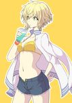  bangs bikini blonde_hair blush breasts cleavage closed_mouth collarbone cowboy_shot cup drinking drinking_straw green_eyes hair_between_eyes hand_on_hip holding holding_cup jacket jacket_on_shoulders navel open_fly open_track_jacket original ryuga_(balius) short_hair shorts simple_background small_breasts solo swimsuit thighs tomboy track_jacket yellow_background yellow_bikini 