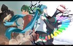 apple_tree back-to-back blue_eyes blue_hair bomber_jacket cake detached_sleeves dual_persona earrings expressionless eyewear_on_head food gomatamago green_eyes green_hair hatsune_miku jacket jewelry letterboxed long_hair multiple_girls necktie open_mouth road_sign rubble sign skirt smile suna_no_wakusei_(vocaloid) sunglasses thighhighs tree twintails very_long_hair vocaloid wide_sleeves zettai_ryouiki 