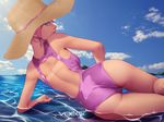  artist_name ass back bare_shoulders blue_eyes cloud cowboy_shot day from_behind hair_ornament hat highres maeve_(paladins) paladins pink_hair sky solo swimsuit tan tanline vocox water 