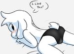  anthro asriel_dreemurr blush briefs bulge butt caprine child clothing contimplatininspiratio cub english_text fur goat lying male mammal monster on_front presenting solo text undertale underwear video_games white_fur young 