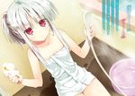  absolute_duo asaba_yuu bathroom collarbone dutch_angle eyebrows_visible_through_hair flat_chest highres indoors looking_at_viewer naked_towel novel_illustration official_art parted_lips red_eyes sidelocks silver_hair soap solo tied_hair towel water wet white_towel yurie_sigtuna 
