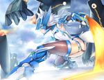  animal_ears ass bad_perspective battle black_gloves black_legwear deep_wound energy_blade full_body gloves helmet hoshara injury long_hair mecha_musume monster original spiked_hair tail thighhighs thighs weapon white_hair wolf_ears wolf_tail yellow_eyes 