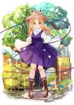  :o bangs blonde_hair boots brown_eyes brown_footwear brown_hat cross-laced_footwear full_body hat lace-up_boots long_hair long_sleeves looking_at_viewer moriya_suwako outdoors parted_bangs purple_skirt ryuuno6 skirt skirt_set solo standing third_eye touhou vest wide_sleeves 