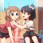  all_fours applying_makeup black_hair blue_eyes blush brown_eyes brown_hair eyebrows_visible_through_hair flower hair_flower hair_ornament idolmaster idolmaster_million_live! jewelry kamille_(vcx68) lipstick_tube looking_at_another multiple_girls nakatani_iku necklace open_mouth parted_lips short_hair sitting smile suou_momoko 