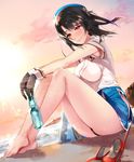  armpits artist_name barefoot beach beret black_gloves black_hair black_panties blouse blue_hat blue_skirt blush bottle breasts cliff closed_mouth commentary_request crossed_legs eyebrows_visible_through_hair feet full_body gloves group_name hair_blowing hat hayakawa_akari highres holding holding_bottle kantai_collection knees_up large_breasts lips looking_at_viewer ocean outdoors panties pantyshot pantyshot_(sitting) red_eyes red_footwear shoes shoes_removed short_sleeves sitting skirt smile solo sun sunset takao_(kantai_collection) underwear white_blouse wind 