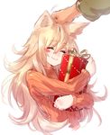  ^_^ absurdres animal_ears blonde_hair blush_stickers closed_eyes closed_mouth commentary_request deluxe&lt;&lt;&lt; gift hand_on_another's_head highres long_hair orange_sweater original petting ribbed_sweater simple_background smile solo_focus sweater white_background 