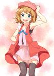  :d arm_up black_legwear blue_eyes blue_ribbon brown_hair collarbone detached_sleeves eyebrows_visible_through_hair hand_on_hip hat highres neck_ribbon open_mouth pink_hat pink_shirt pink_skirt pokemon pokemon_(anime) pokemon_xy_(anime) ponishi. ribbon serena_(pokemon) shiny shiny_clothes shirt short_hair skirt sleeveless sleeveless_duster sleeveless_shirt smile solo thighhighs 
