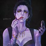  alternate_hairstyle applying_makeup black_hair bracelet breasts cleavage compact earrings formal hair_pulled_back highres jewelry lipstick lipstick_tube long_hair makeup medium_breasts monori_rogue nail_polish necklace overwatch purple_skin solo tattoo updo upper_body widowmaker_(overwatch) yellow_eyes 