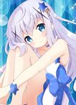  bare_arms bare_legs bare_shoulders blue_background blue_bow blue_eyes blue_hair blue_neckwear blush bow collarbone commentary_request dress eyebrows_visible_through_hair gochuumon_wa_usagi_desu_ka? hair_between_eyes hair_ornament highres kafuu_chino leg_hug long_hair massala musical_note musical_note_hair_ornament smile solo sparkle star star_hair_ornament sundress white_dress wristband x_hair_ornament 