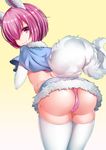  1girl alternate_costume animal_ears artist_request ass fate/grand_order fate_(series) from_behind hair_over_one_eye huge_ass leaning leaning_forward looking_at_viewer looking_back miniskirt panties purple_eyes purple_hair shielder_(fate/grand_order) shiny shiny_hair shiny_skin short_hair skirt smile solo tail thighhighs underwear upskirt 