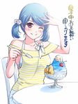  blue_hair chair dice_hair_ornament domestic_na_kanojo hair_ornament hand_on_head highres one_eye_closed red_eyes sasuga_kei shaved_ice shirt smile spoon striped striped_shirt table tachibana_rui white_background 