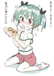  alternate_hairstyle anchovy bangs black_ribbon blush camisole closed_mouth commentary eating food food_on_face full_body girls_und_panzer green_hair hair_ribbon highres holding_pizza miyao_ryuu navel pink_shorts pizza red_eyes ribbon shirt short_hair short_twintails shorts simple_background sitting sketch smile socks solo sparkle strap_slip translated twintails wariza white_background white_legwear white_shirt younger 
