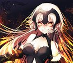  &gt;:) bangs bare_shoulders breasts cleavage commentary_request fate/grand_order fate_(series) fire fur_trim grin headpiece jeanne_d'arc_(alter)_(fate) jeanne_d'arc_(fate)_(all) long_hair looking_at_viewer medium_breasts mokokiyo_(asaddr) pale_skin slit_pupils smile solo upper_body v-shaped_eyebrows white_hair yellow_eyes 