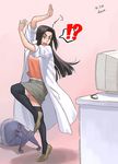  1girl ahoge artist_name azusa_(hws) black_hair black_legwear check_commentary commentary commentary_request dated full_body labcoat long_hair miniskirt monitor mouse original shoes skirt solo thighhighs zettai_ryouiki 