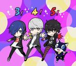  amamiya_ren black_hair blue_hair cat dancing glasses gloves hair_over_one_eye headphones headphones_around_neck jacket looking_at_viewer male_focus mask mizunomoto morgana_(persona_5) multiple_boys narukami_yuu persona persona_3 persona_3:_dancing_moon_night persona_4 persona_4:_dancing_all_night persona_5 persona_5:_dancing_star_night persona_dancing pose red_gloves shoes shuujin_academy_uniform silver_hair smile sneakers yasogami_school_uniform yuuki_makoto 