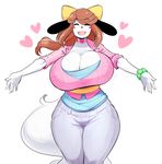  &lt;3 anthro big_breasts blush_sticker bracelet breasts brown_hair canine cleavage clothed clothing dog eyes_closed female fully_clothed fur hair holly_applebee huge_breasts jewelry mammal mature_female open_mouth open_smile simple_background smile solo theycallhimcake white_background white_fur wide_hips 