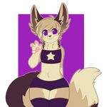  canine clothed clothing fennec fox legwear male mammal osiris_henschel purple_background purple_eyes shorts simple_background solo standing stockings v_sign w00my 