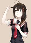  :o ahoge bad_id bad_pixiv_id bangs black_hair black_serafuku blue_eyes blush braid breasts commentary_request hair_ornament hair_ribbon hand_in_hair hand_on_own_chest kantai_collection looking_up necktie red_neckwear red_ribbon remodel_(kantai_collection) ribbon school_uniform serafuku shigure_(kantai_collection) short_sleeves simple_background small_breasts solo tress_ribbon upper_body wasabi60 