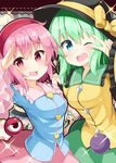  :d ;d bangs black_hat blue_eyes blue_shirt blush bow breasts commentary_request cowboy_shot eyeball frilled_shirt_collar frilled_sleeves frills green_hair green_skirt hairband hat hat_bow heart holding_hands interlocked_fingers komeiji_koishi komeiji_satori long_hair long_sleeves looking_at_viewer medium_breasts multiple_girls ominaeshi_(takenoko) one_eye_closed open_mouth pink_eyes pink_hair pink_skirt red_hairband salute shirt short_hair siblings sisters skirt smile third_eye touhou v wide_sleeves yellow_bow yellow_shirt 