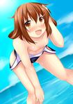  blush breasts brown_hair collarbone fang hair_ornament hairclip hoshizuki_(seigetsu) ikazuchi_(kantai_collection) kantai_collection looking_at_viewer nipples ocean open_mouth school_swimsuit short_hair small_breasts smile sunlight swimsuit swimsuit_pull water 