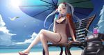  azur_lane bangs beach bikini bikini_top bird black_bikini blue_sky bottomless bow cloud cloudy_sky commentary_request crazy_straw crossed_legs cup day drinking_glass drinking_straw epaulettes grey_hair hair_between_eyes hair_bow heart highres holding holding_cup jacket_on_shoulders lens_flare long_hair ocean open_mouth outdoors prinz_eugen_(azur_lane) red_bow red_eyes seagull sitting sky solo swimsuit thigh_strap tropical_drink tsurime turret two_side_up umbrella very_long_hair wangchuan_de_quanyan 