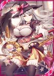  akkijin breasts card_(medium) gloves grey_hair hat huge_breasts looking_at_viewer official_art pink_ribbon red_ribbon ribbed_hat ribbon shinkai_no_valkyrie smile solo staff star thighhighs weapon white_gloves wings witch witch_hat yellow_eyes 