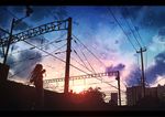  blue_sky byakuya_reki city cloud cloudy_sky commentary_request evening lens_flare letterboxed long_hair original outdoors photo-referenced power_lines scenery silhouette sky solo sunset wide_shot 