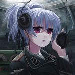  ???_(artist) character_request copyright_request eyebrows_visible_through_hair grey_hair headphones highres looking_at_viewer parted_lips purple_eyes short_ponytail solo tank_interior uniform upper_body 