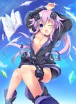  adult_neptune areola_slip areolae bangs black_collar black_footwear blue_sky blush book boots breasts cleavage cloud collar commentary_request crystal d-pad d-pad_hair_ornament day eyebrows_visible_through_hair feathers hair_between_eyes hair_ornament hinata_yuu_(atelierhinata) hood hooded_track_jacket jacket lavender_hair long_hair long_sleeves looking_at_viewer medium_breasts neptune_(series) nipple_slip nipples no_bra one_eye_closed open_mouth outdoors panties partially_unzipped purple_eyes shin_jigen_game_neptune_vii sidelocks sky smile solo striped striped_panties track_jacket underwear zipper 