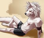  4_toes anthro barefoot black_nose blood canine clothed clothing digitigrade dog hair male mammal orange_eyes ryuuzenga solo toes topless white_hair wounded 