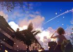  arm_up backlighting blouse blue_skirt byakuya_reki cloud commentary_request condensation_trail evening facing_away from_behind from_below lens_flare letterboxed midriff original outdoors palm_tree petals photo-referenced pleated_skirt revision scenery school_uniform shading_eyes short_hair short_sleeves skirt sky smoke_trail solo sunlight tree white_blouse 