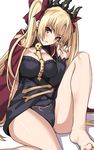  bangs barefoot black_leotard blonde_hair blush breasts brown_eyes cloak ereshkigal_(fate/grand_order) eyebrows_visible_through_hair fate/grand_order fate_(series) knee_up large_breasts leotard long_hair looking_at_viewer parted_bangs parted_lips red_eyes shiseki_hirame simple_background sitting solo spine twintails very_long_hair white_background 