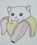  2016 absurd_res baby_bananya banana banana_peel bananya black_eyes blush cat feline flora_fauna food fruit fur hi_res mammal plant simple_background solo traditional_media_(artwork) vasilivros white_background white_fur 