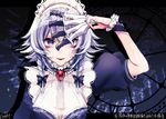  blue_eyes bow braid closed_mouth commentary_request frills hair_between_eyes hair_bow holding holding_knife izayoi_sakuya knife knives_between_fingers looking_at_viewer maid maid_headdress mokokiyo_(asaddr) puffy_short_sleeves puffy_sleeves short_sleeves silver_hair solo touhou twin_braids upper_body wrist_cuffs 