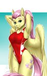  2017 absurd_res anthro anthrofied clothing cutie_mark equine feathered_wings feathers female fluttershy_(mlp) friendship_is_magic hair hi_res mammal my_little_pony mykegreywolf pegasus pink_hair solo swimsuit wings 