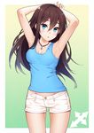  :o armpits arms_up black_hair blue_eyes blush breasts cross cross_necklace gradient gradient_background jewelry long_hair looking_at_viewer necklace original ray-akila ray_littlechamber shorts small_breasts solo tank_top 