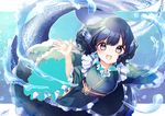  bangs blue_eyes blue_hair blush commentary_request drill_hair frills green_kimono head_fins japanese_clothes kimono long_sleeves looking_at_viewer mermaid mokokiyo_(asaddr) monster_girl obi sash short_hair smile solo submerged touhou underwater wakasagihime wide_sleeves 
