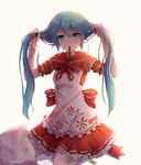  backlighting blue_eyes blue_hair bow bunching_hair byakuya_reki commentary_request cosplay hatsune_miku holding holding_hair little_red_riding_hood little_red_riding_hood_(grimm) little_red_riding_hood_(grimm)_(cosplay) long_hair looking_at_viewer mikuzukin_(module) mouth_hold project_diva_(series) puffy_sleeves revision ribbon ribbon_in_mouth shirt sitting skirt solo twintails very_long_hair vocaloid wariza 