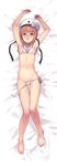  :d anchor armpits arms_up ass_visible_through_thighs bare_legs barefoot bed_sheet bikini black_ribbon blush bow breasts brown_eyes brown_hair cameltoe collarbone commentary_request covered_nipples dakimakura eyebrows_visible_through_hair feet full_body hat hat_bow highres kantai_collection knees_together_feet_apart kuzu_(miduhana) looking_at_viewer lying navel nipple_slip nipples on_back open_mouth ribbon sailor_bikini sailor_collar short_hair side-tie_bikini small_breasts smile solo stomach swimsuit thigh_gap untied untied_bikini white_bikini white_hat z3_max_schultz_(kantai_collection) 