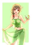  :d bare_shoulders blush breasts brown_eyes brown_hair cleavage collarbone cup drinking_glass drinking_straw eyebrows_visible_through_hair flower hair_flower hair_ornament highres holding holding_cup idolmaster idolmaster_cinderella_girls jakelian large_breasts looking_at_viewer navel open_mouth revision senkawa_chihiro smile solo 