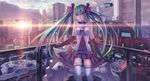  ???_(artist) black_gloves blue_eyes blue_hair blush breasts building city cityscape cleavage elbow_gloves eyebrows_visible_through_hair gloves hatsune_miku highres large_breasts light_rays long_hair looking_at_viewer neon_lights parted_lips scenery science_fiction skyline skyscraper solo space_craft sun sunbeam sunlight thighhighs twintails vocaloid white_legwear 