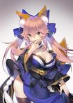  animal_ears balusah blue_legwear breasts cleavage detached_sleeves fate/extra fate/extra_ccc fate/grand_order fate_(series) fox_ears fox_tail hair_ribbon japanese_clothes large_breasts long_hair looking_at_viewer pink_hair revision ribbon solo tail tamamo_(fate)_(all) tamamo_no_mae_(fate) yellow_eyes 