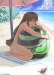  artist_name azusa_(hws) beach bikini blush commentary crab dated day food long_hair low-tied_long_hair original popsicle sand solo sweatdrop swimsuit umbrella 