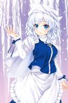  apron blue_eyes blue_shirt breasts capelet forest hat highres juliet_sleeves kitou_kaitai letty_whiterock long_sleeves medium_breasts nature puffy_sleeves revision shirt short_hair silver_hair skirt skirt_set snowing solo touhou vest waist_apron white_hair white_hat 