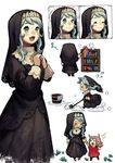  1girl :3 blue_eyes blue_hair bucket character_sheet child cleaning cross cross_necklace dusting eyes_closed habit htm_(gixig) nun open_mouth original profile spoken_musical_note 