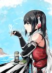  black_gloves black_hair black_skirt cigarette coffee commentary_request day elbow_gloves fingerless_gloves gloves highres kantai_collection night_battle_idiot rakisuto remodel_(kantai_collection) scarf school_uniform sendai_(kantai_collection) serafuku shore skirt sky smoke_heart smoking solo two_side_up water white_scarf 