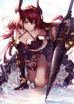  arm_support bangs bare_shoulders breasts cleavage closed_mouth collarbone dress eyebrows_visible_through_hair forte_(shingeki_no_bahamut) gauntlets granblue_fantasy hair_between_eyes highres holding holding_weapon horns kneeling large_breasts long_hair looking_at_viewer red_eyes shingeki_no_bahamut solo thigh_strap vambraces weapon yurika0207 