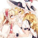  alice_margatroid blonde_hair blue_eyes blush bow braid capelet commentary_request eye_contact face-to-face finger_to_mouth frills from_side hairband hat hat_bow kirisame_marisa lolita_hairband long_hair looking_at_another mokokiyo_(asaddr) multiple_girls nail_polish neck_ribbon profile puffy_short_sleeves puffy_sleeves ribbon short_sleeves side_braid sidelocks signature simple_background smile touhou wavy_hair white_background white_bow witch_hat wrist_cuffs yellow_eyes yellow_nails yuri 