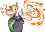  :d bad_id bad_pixiv_id blonde_hair cloba commentary dragon_girl dragon_horns dragon_tail elbow_gloves fang fighting_stance fire gloves highres horns kobayashi-san_chi_no_maidragon looking_at_viewer maid necktie open_mouth orange_eyes simple_background smile solo tail tooru_(maidragon) translated twintails v-shaped_eyebrows white_background white_gloves 