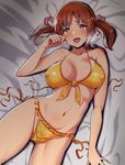  amano_don bangs bare_shoulders bikini breasts breasts_apart brown_eyes brown_hair collarbone commentary_request covered_nipples drooling frills front-tie_bikini front-tie_top hair_ribbon heart heart-shaped_pupils highres hips idolmaster idolmaster_cinderella_girls large_breasts looking_at_viewer lying navel on_back on_bed open_mouth orange_bikini ribbon saliva shiny shiny_skin sidelocks smile solo steam sweat swimsuit symbol-shaped_pupils tears thighs totoki_airi twintails wiping_tears 